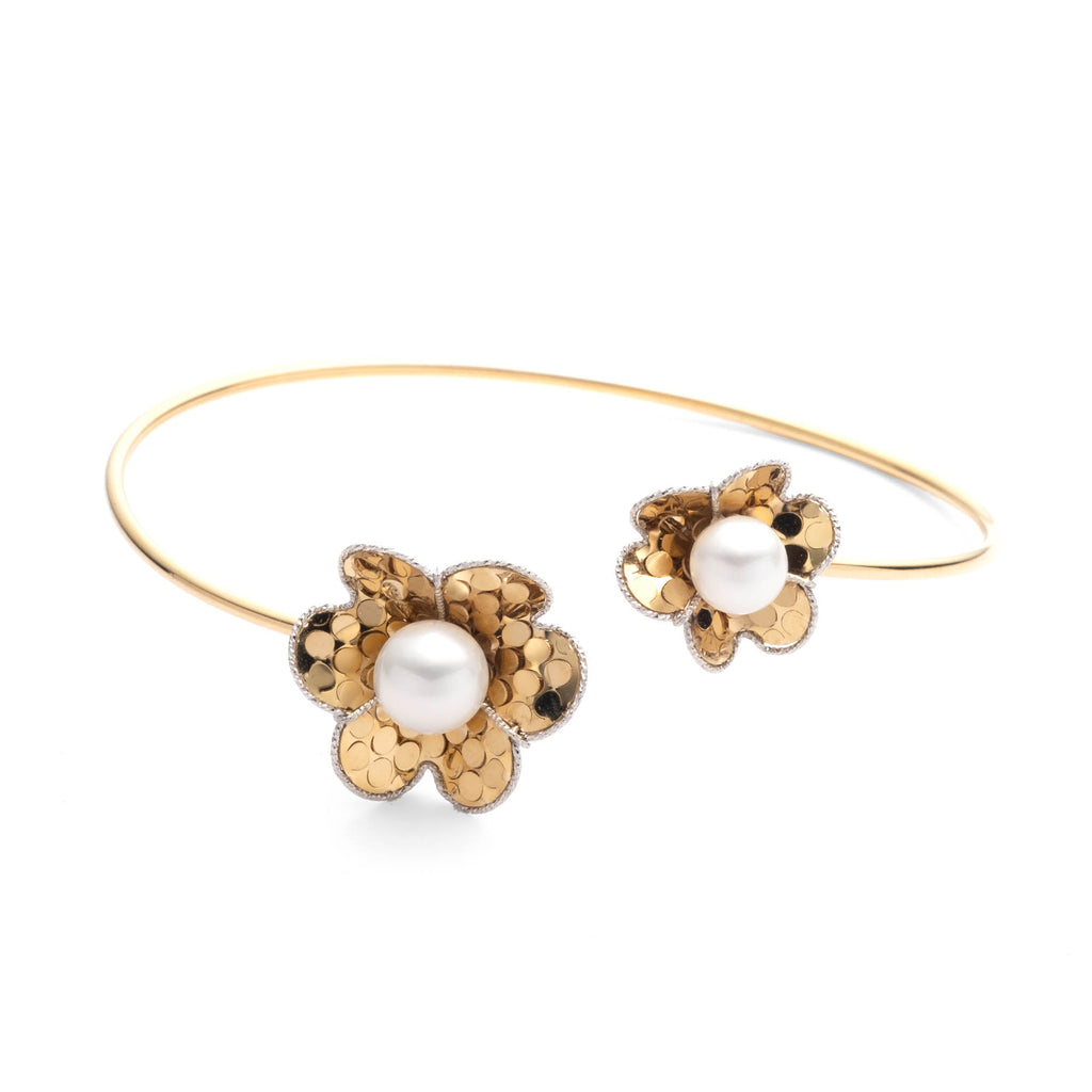 18 Karat Yellow and White Gold Textured Bangle with Pearl Accents