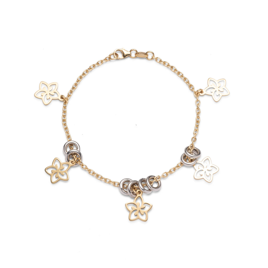 18 Karat Yellow Gold Bracelet with White Gold Rings and Star Shaped Charms